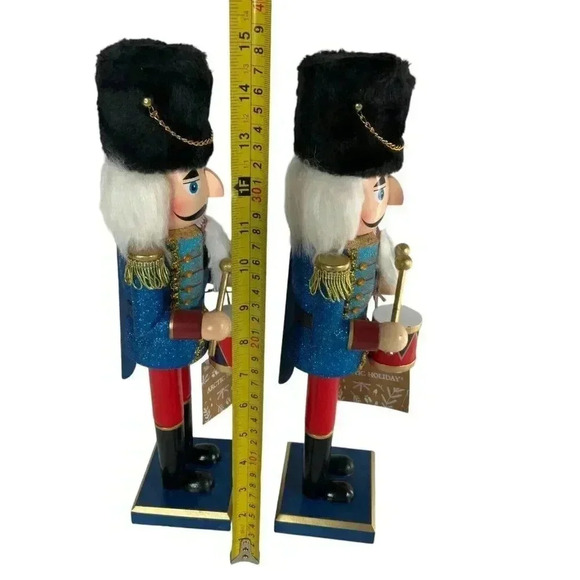 Wood Christmas Nutcracker Set Drummer Soldier Fur Hat Red Blue Holiday Decor - Picture 7 of 7